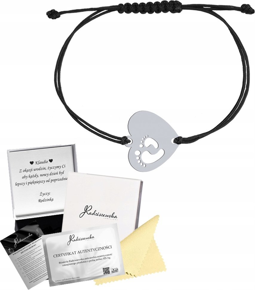 Radziszewska Jewellery Bransoletka Srebrna Stópki Dziecka Serce Imię Dziecka Prezent 925 GRAWER
