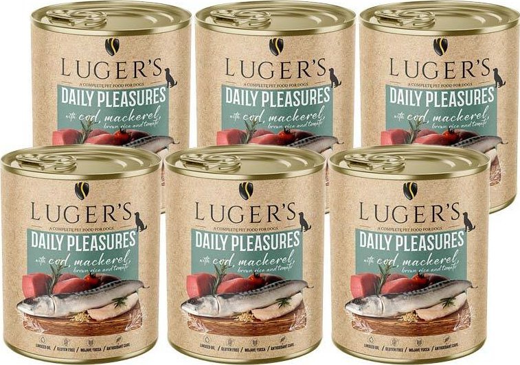 Karma mokra dla psa Luger's Daily Pleasures z dorszem, makrelą, pomidorem i ryżem brązowym zestaw 6 x 800 g