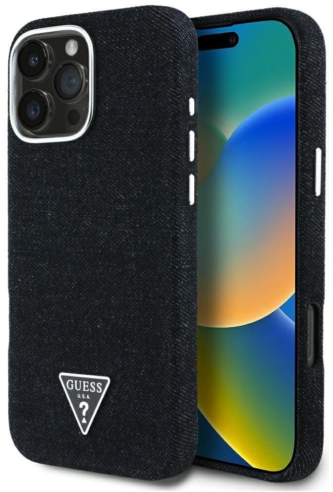Etui Guess Denim Triangle Logo MagSafe do iPhone 16 Pro czarny