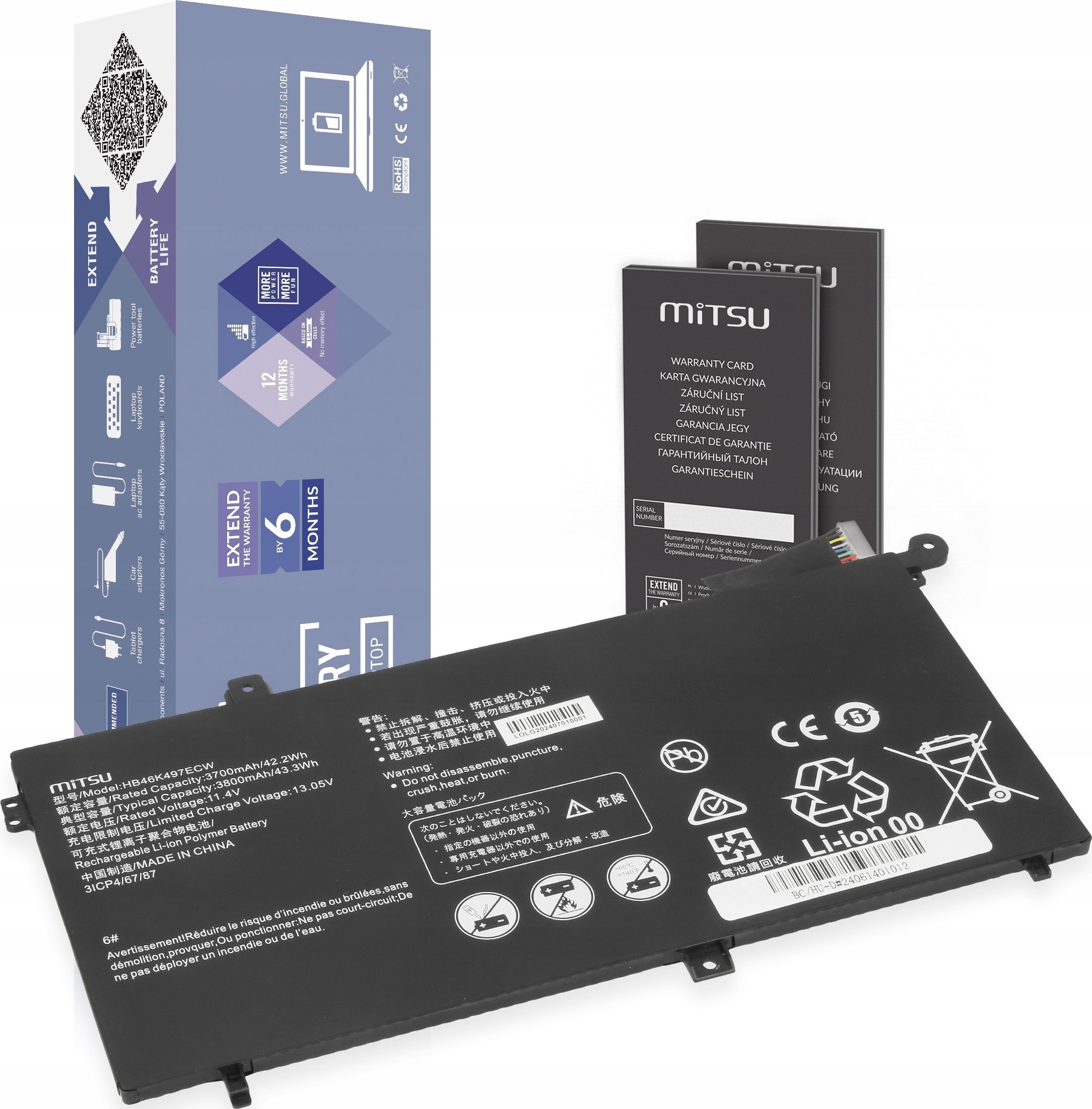 mitsu Bateria do Smartphome Huawei Matebook D Series HB46K497ECW 3700 mAh (42.2 Wh) 11.4V