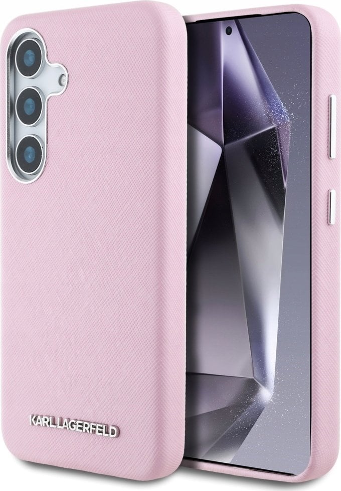 Karl Lagerfeld Saffiano Full Wrapped Elongated Metal Logo MagSafe Case for Samsung Galaxy S25+ Pink
