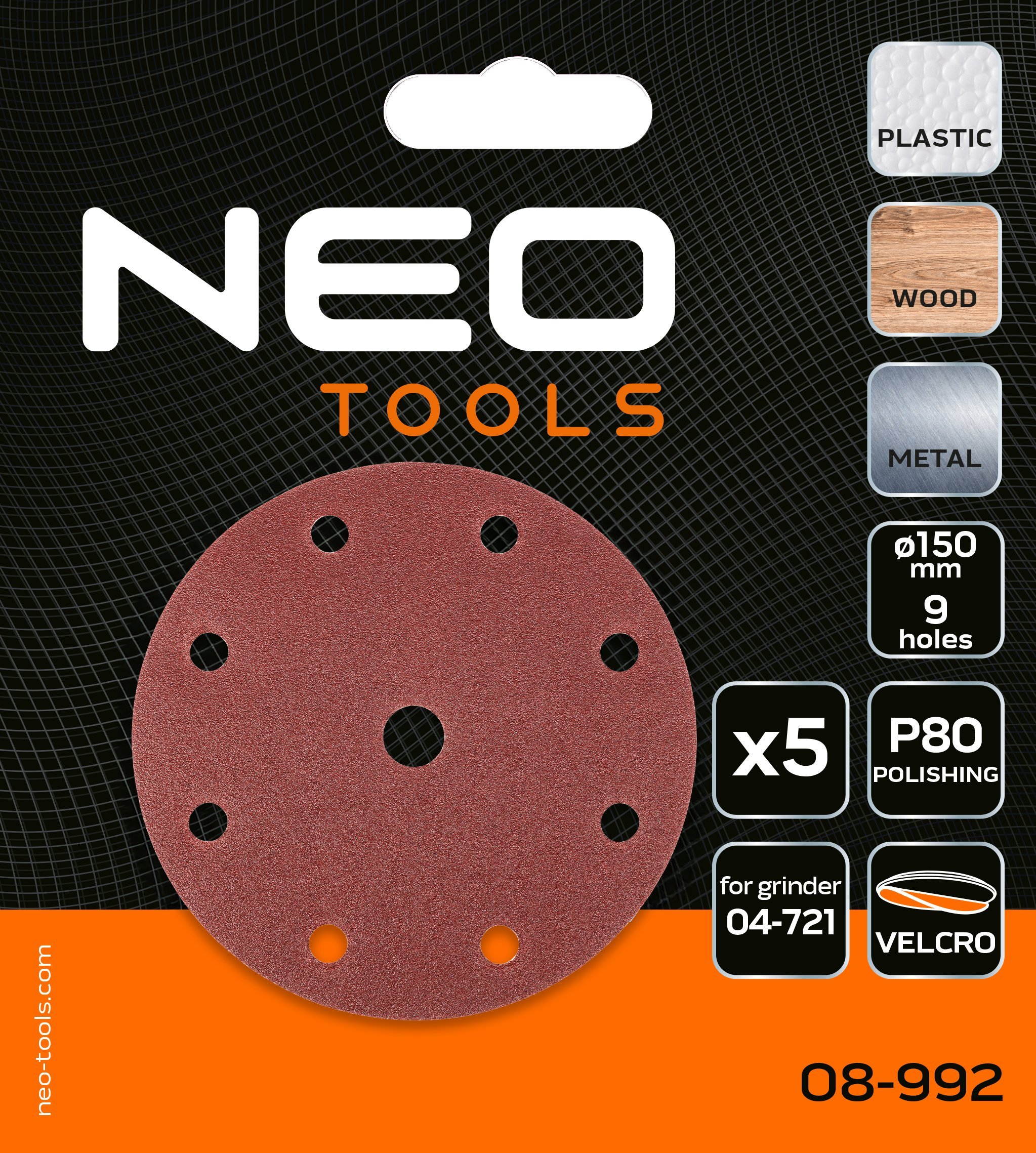 Neo Krążki ścierne 150 mm, P80, 5 szt., z 9 otworami do 04-721