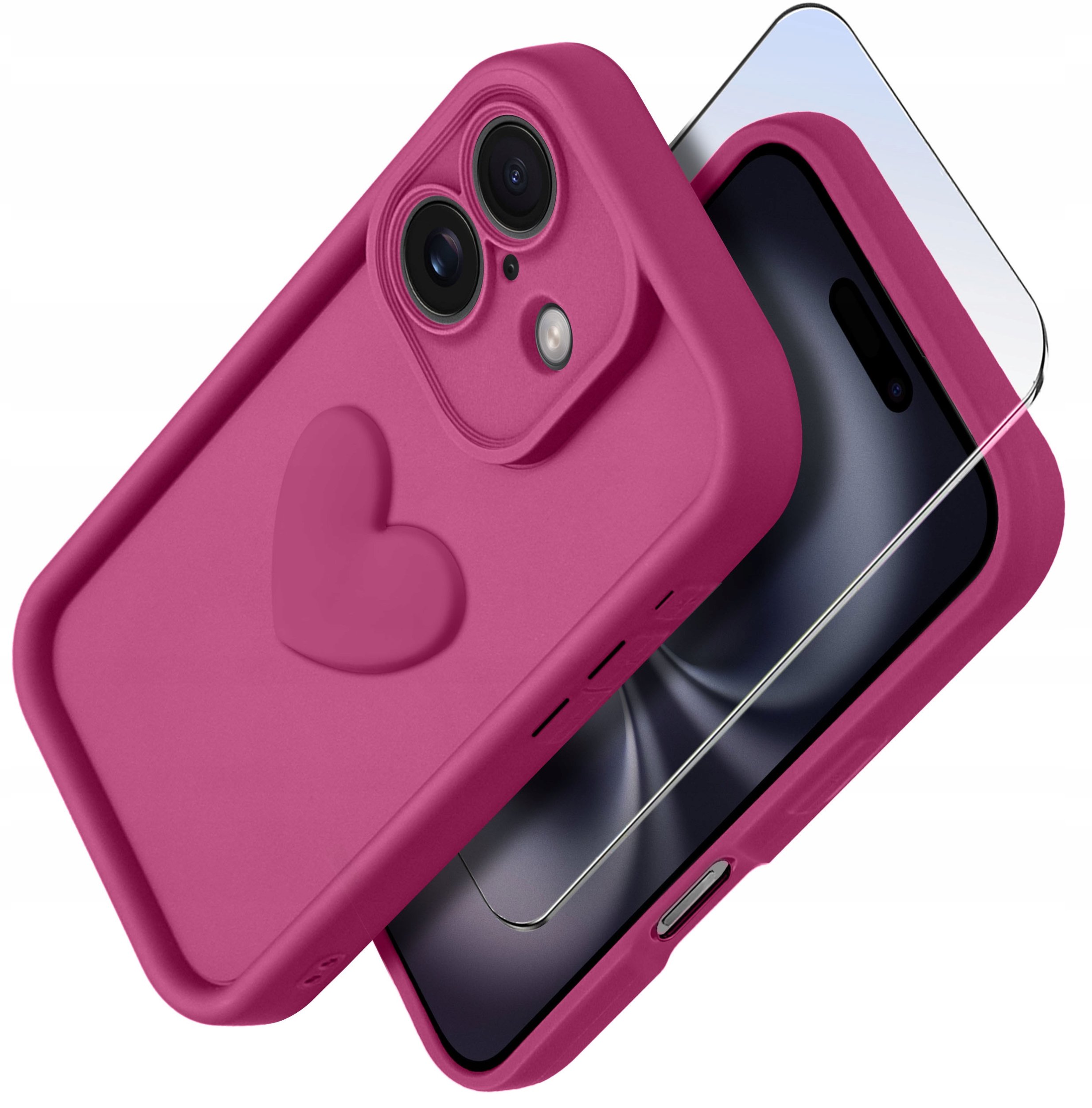 Etui do iPhone 16 Plus silikonowe MATOWE serce + Szkło ochronne na ekran 9H