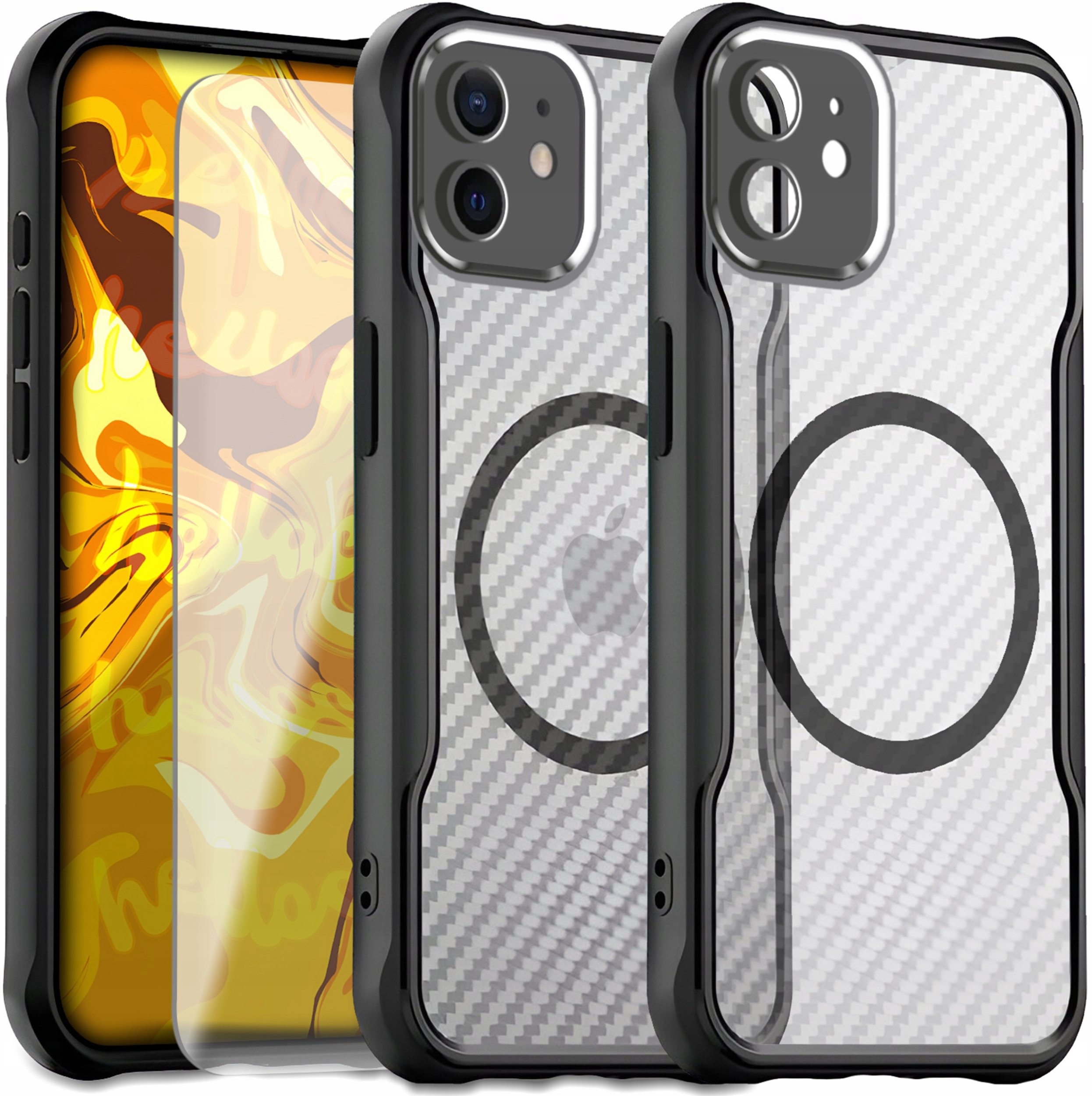 Etui Pancerne do Apple iPhone 12 (Do Magsafe, Karbon, Czarne) Szkło 9H