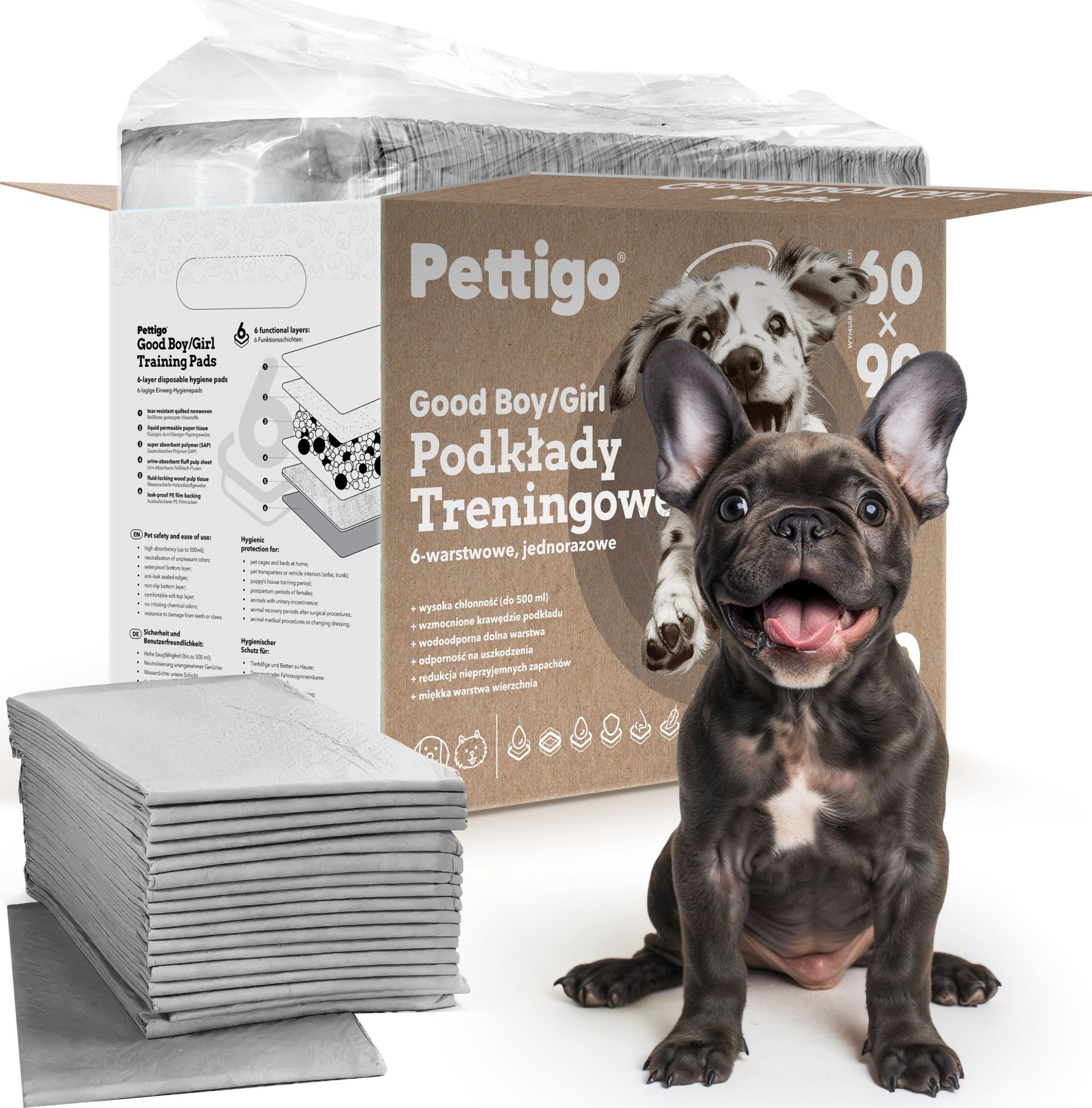 Pettigo PODKŁADY HIGIENICZNE 60x90 CARBON dla PSA NAUKA SIKANIA - 100 szt