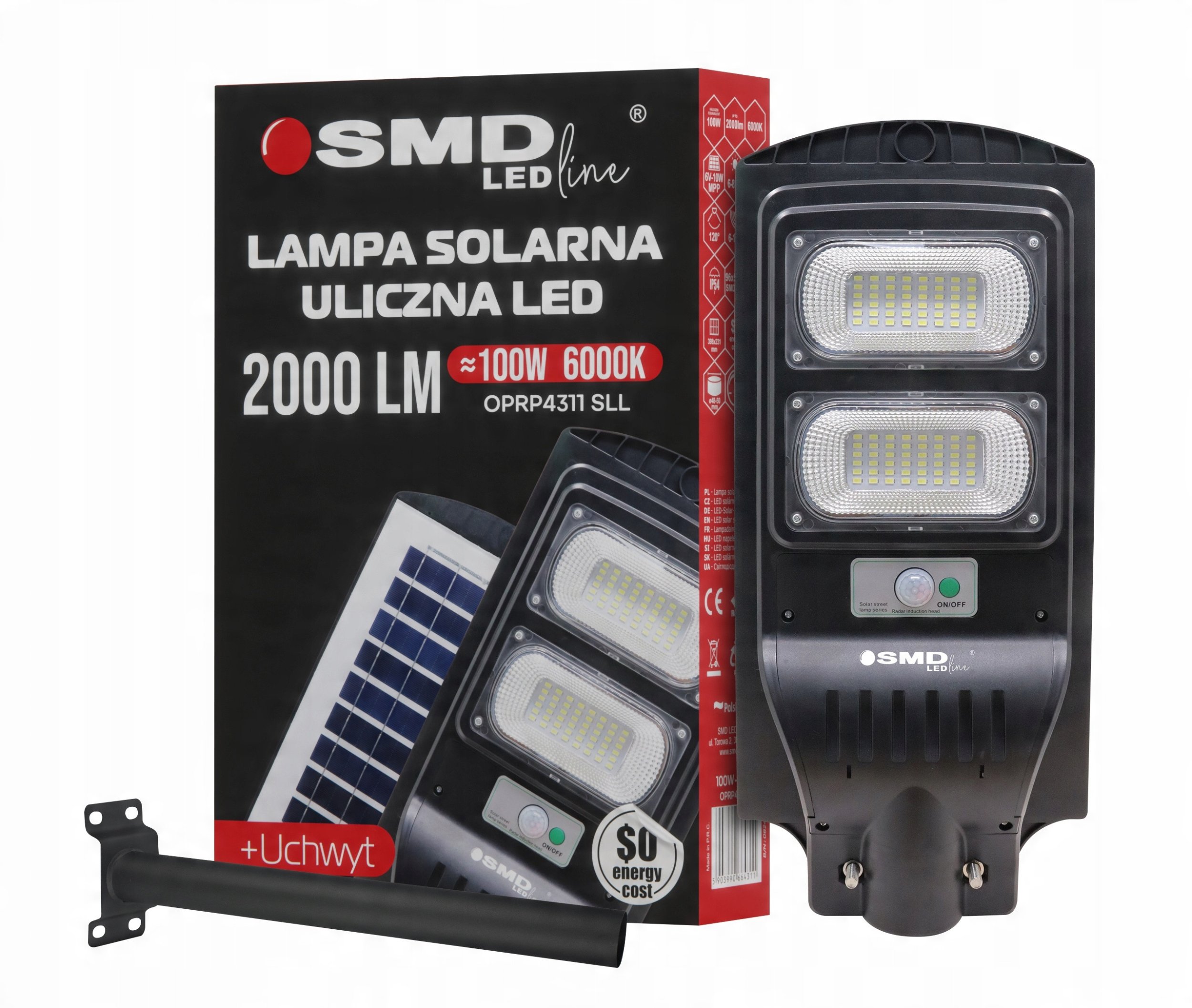 LAMPA LED ULICZNA SOLARNA 100W 10AH 6000K 2000LM + UCHWYT