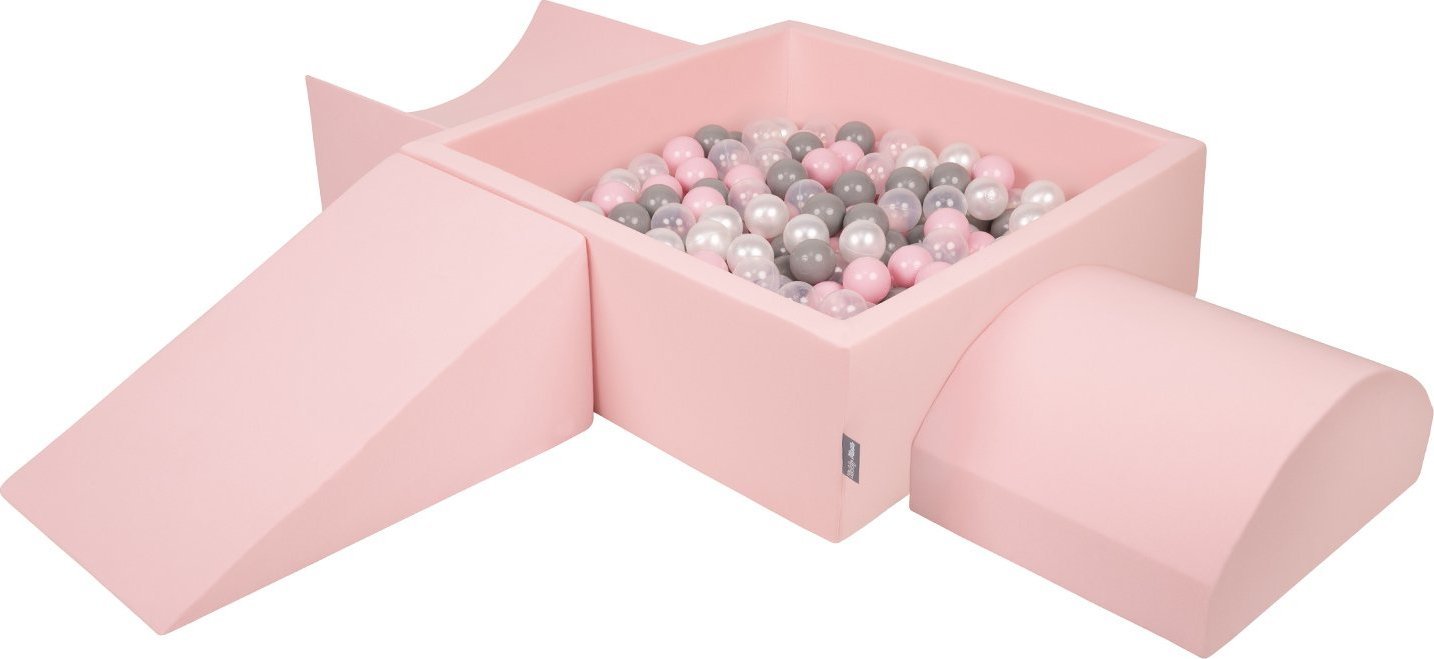 KiddyMoon Piankowy plac zabaw PPZP-KW30D-114 z piłeczkami różowy: perła-szary-transparent-pudrowy róż basen 300/klin L/rampa L/półwałek L Zabawka plac