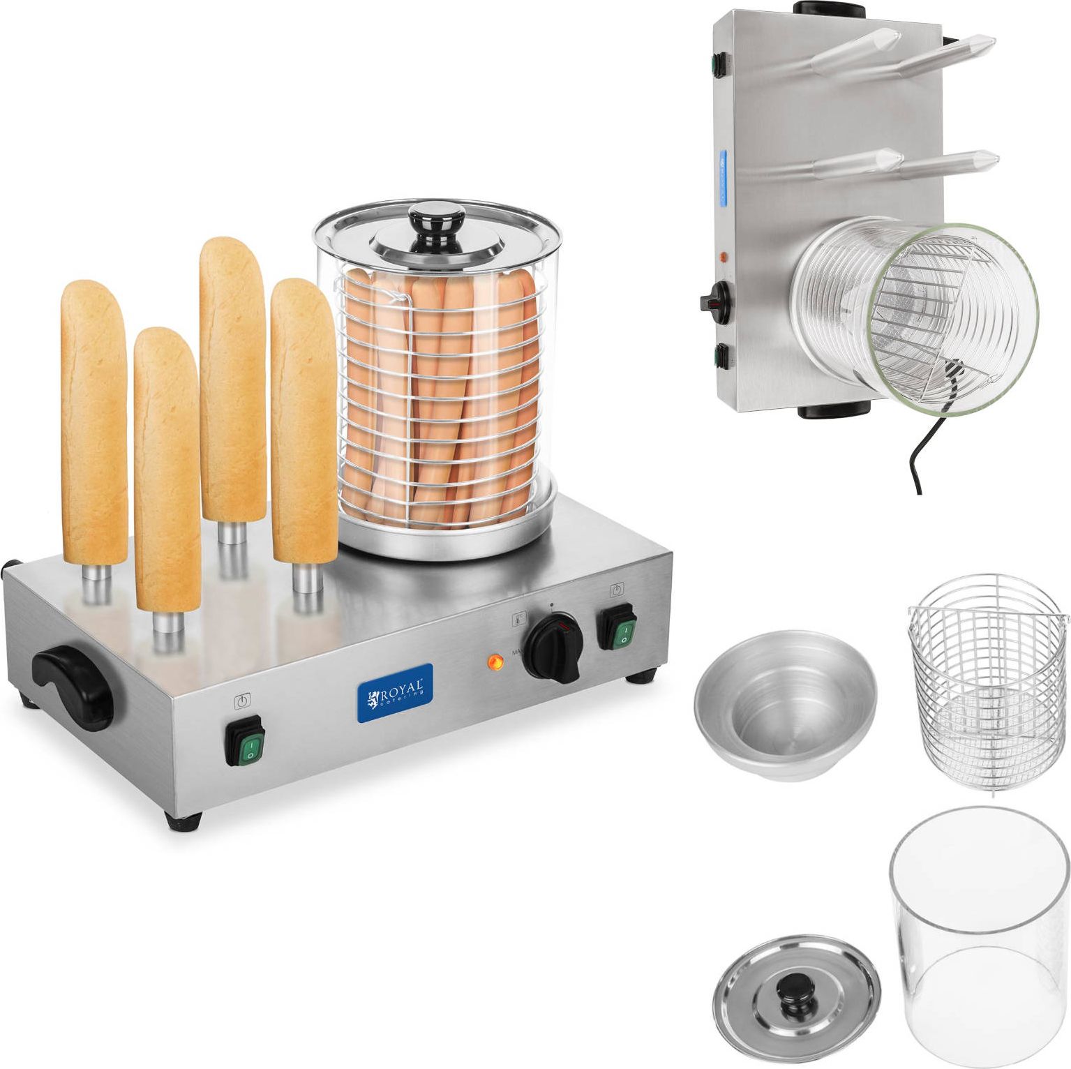 Royal Catering Wodny podgrzewacz do parówek i bułek HOT DOG 2 x 300W Podgrzewacz do parówek HOT-DOG szklany podgrzewacze do bułek