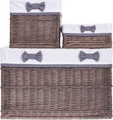 WickerPL Zestaw koszy szarzonych obszytych białą tkaniną S 30x30 H15 M 30x30 H 30 L 60x40 H40