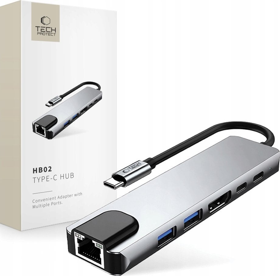 TECH-PROTECT HB02 HUB ADAPTER 6IN1 TYPE-C + USB2.0 + USB3.0 + HDMI 4K 30HZ + RJ45 + PD100W SPACE GREY