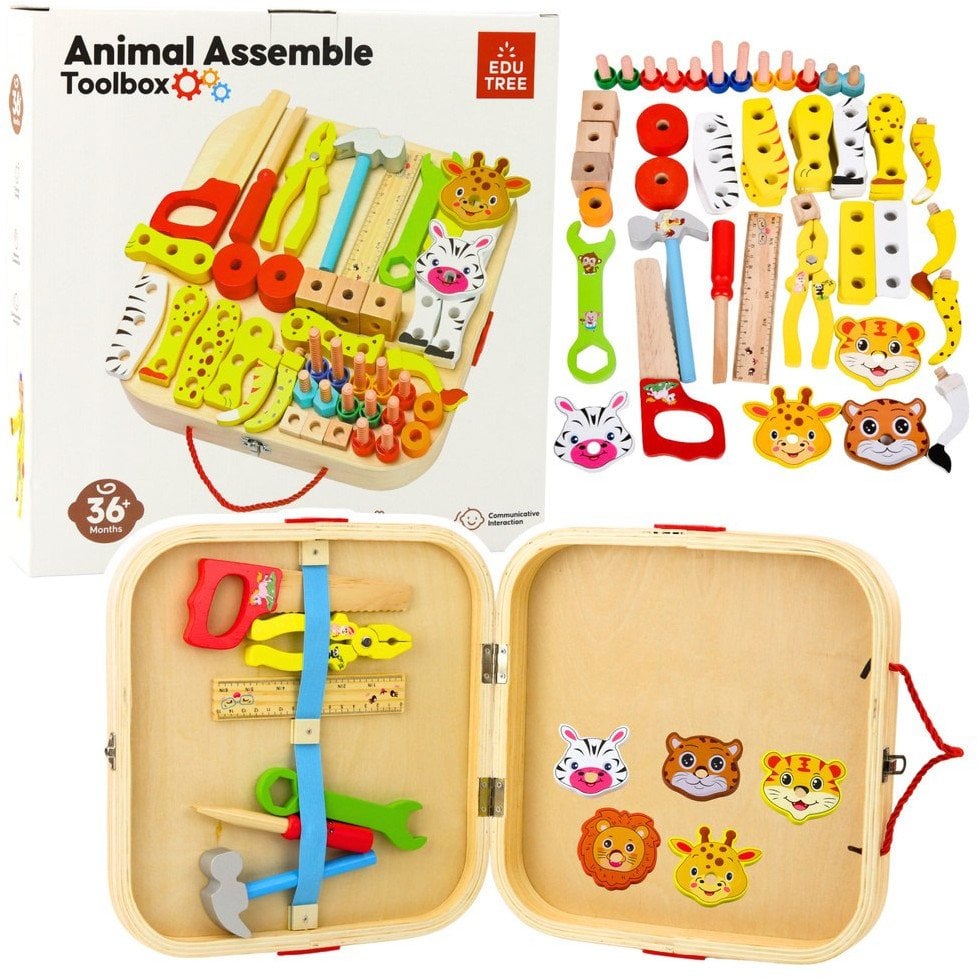 Drewniany Zestaw Majsterkowicza Zwierzęta Do Skręcania W Walizce 59el LEAN Toys