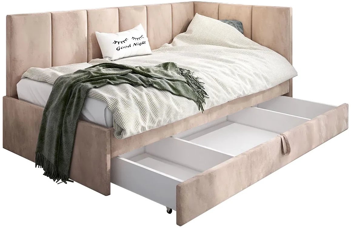 Łóżko młodzieżowe AURA 2 90x200 beżowe z tapicerowanym panelem L i szufladą MKPOL