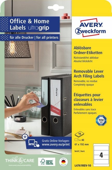 Avery-Zweckform L4761REV-10 61 x 192 mm Papir Hvid 40 stk Kan fjernes igen Mappe-etiketter Bläck, Laser, Kopi