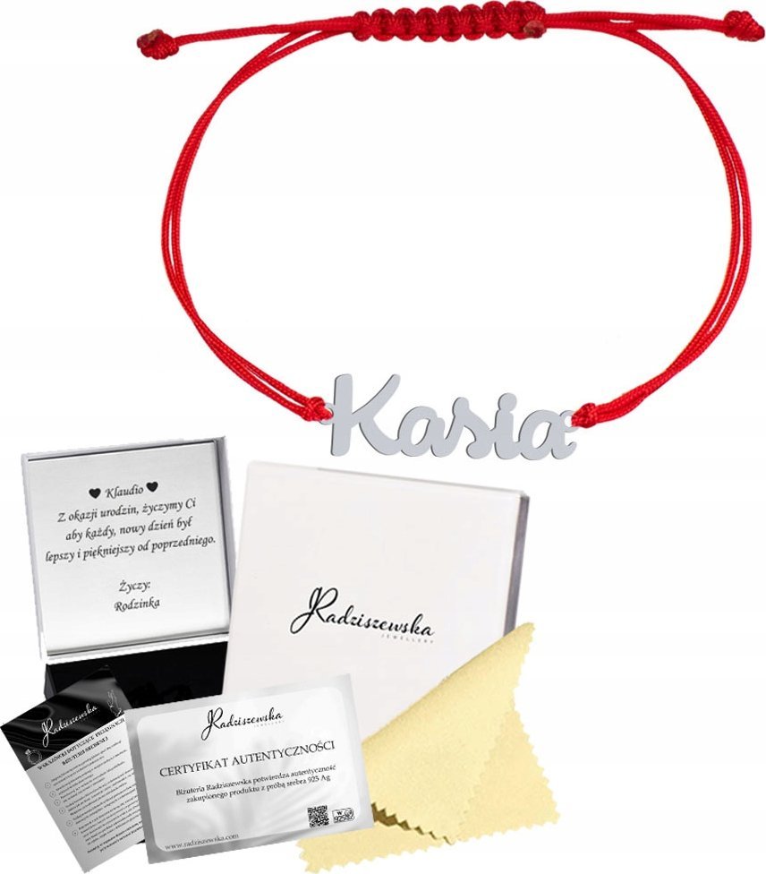 Radziszewska Jewellery Bransoletka Srebrna z Imieniem Napisem SREBRO 925 Sznurek Biżuteria Prezent