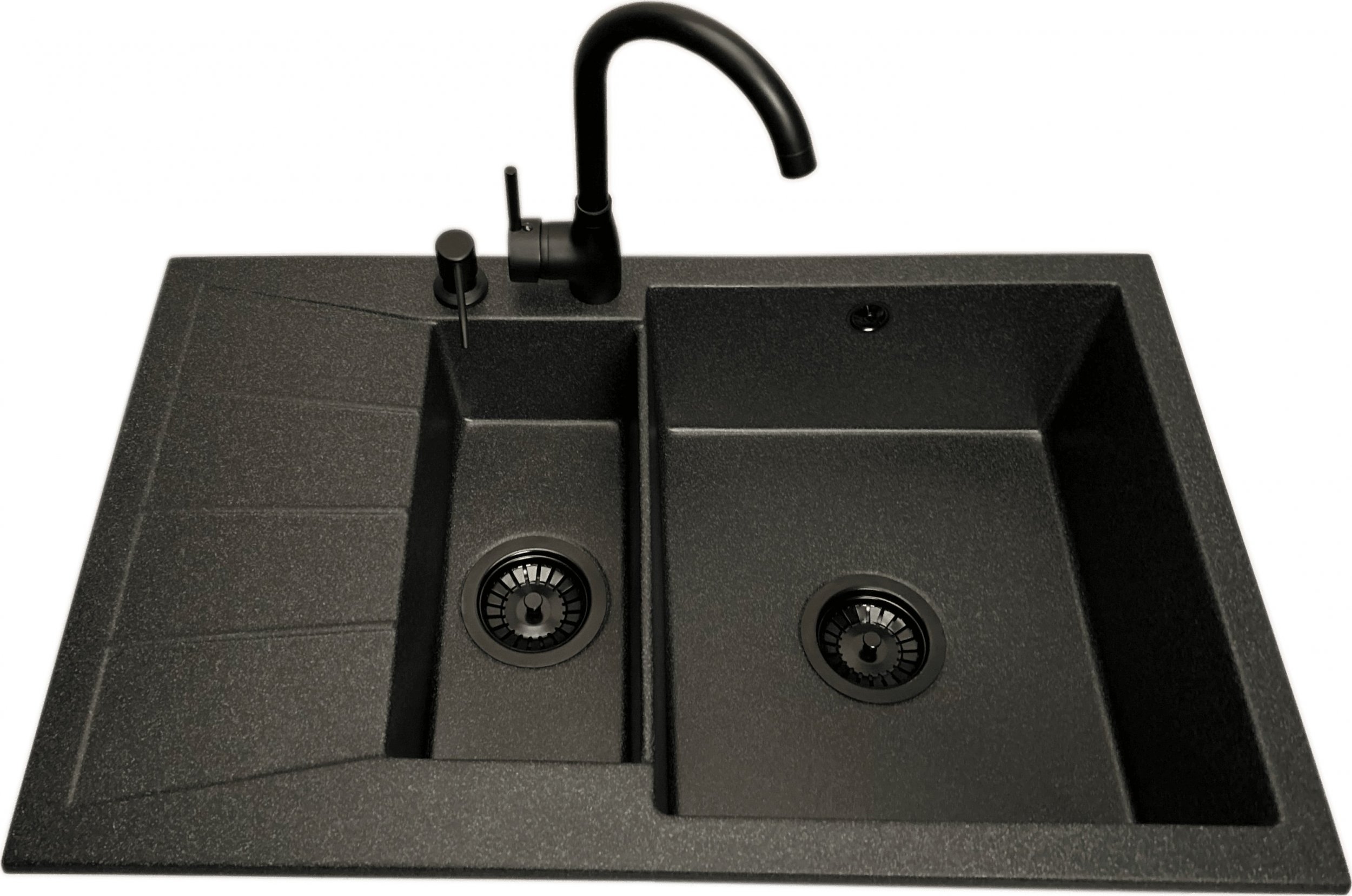 Zlewozmywak PREHNIT Zlewozmywak 1,5 komorowy z ociekaczem MILOS grafit z lewym ociekaczem + bateria LUNA + dozownik