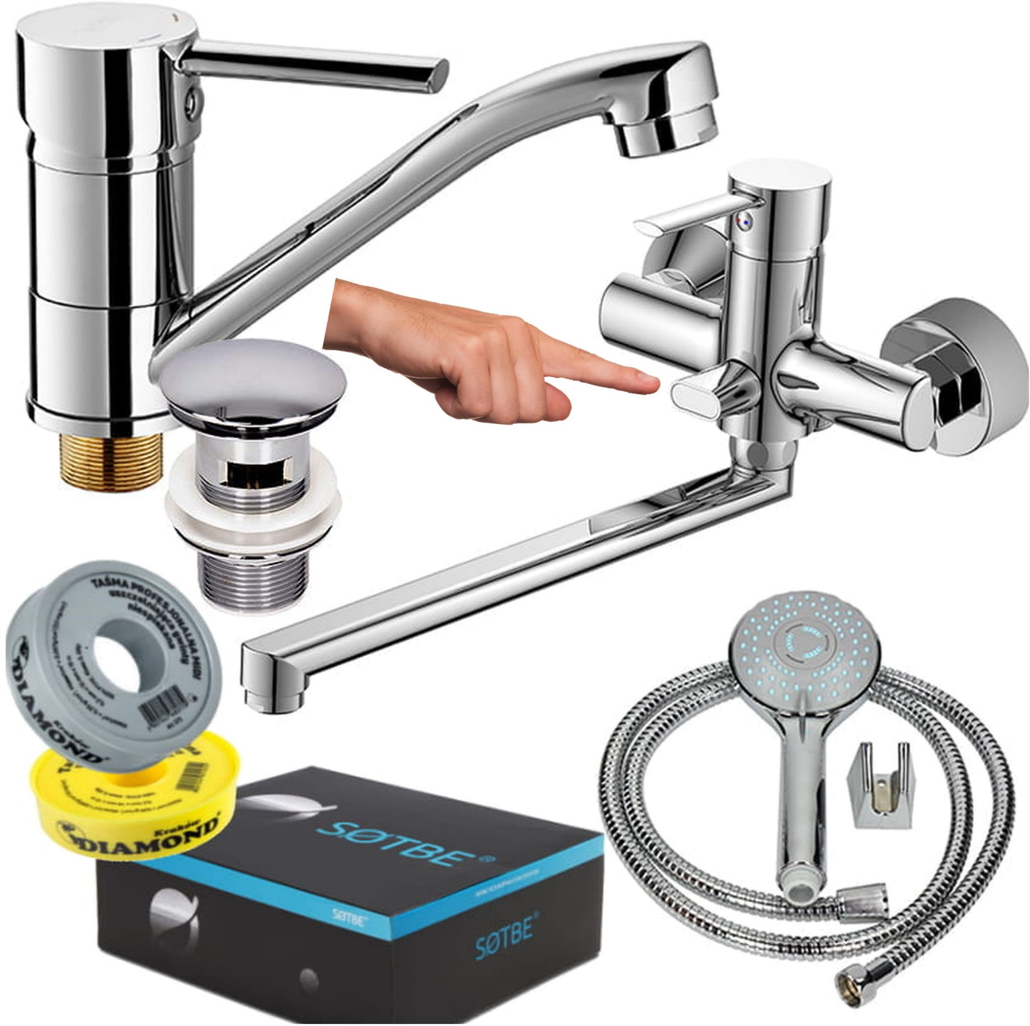 SOTBE UNICORN bateria wannowa z długą wylewką + bateria umywalkowa obrotowa