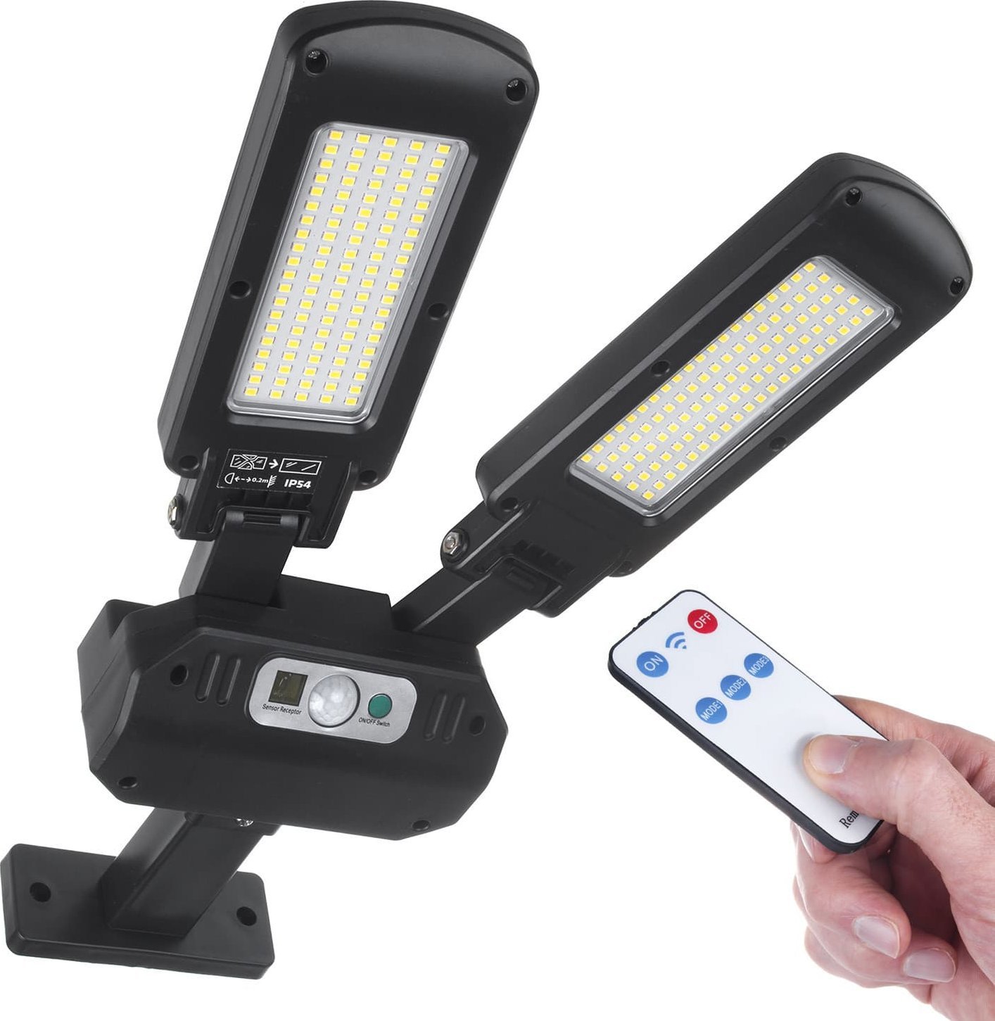 Maclean Solarna lampa uliczna LED z czujnikiem ruchu i pilotem Maclean IP54, 5W, 2x450lm, 6500K, Li-ion 2400 mAh, 3 tryby pracy MCE447