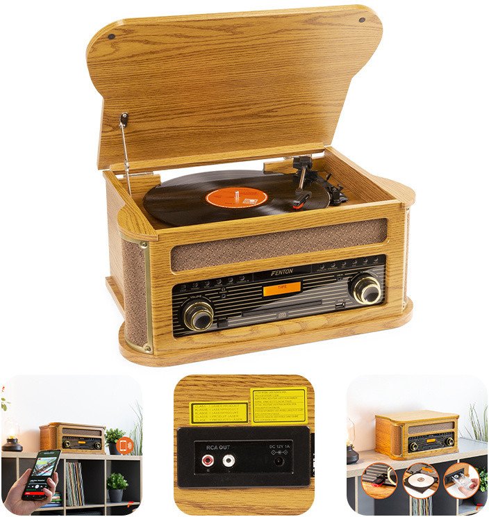 Gramofon Memphis Fenton BT CD kaseta DAB+ FM USB drewno one size