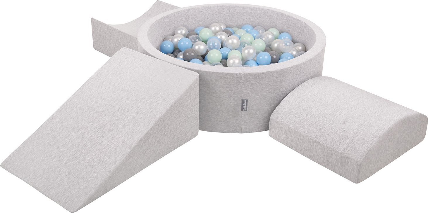 KiddyMoon KiddyMoon Piankowy plac zabaw PPZP-OK30D-114 z piłeczkami jasnoszary: perła-szary-transparent-babyblue-mięta basen 200/klin L/rampa L/półwał