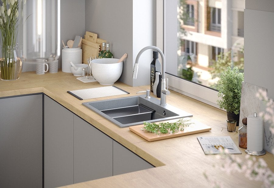 KURT 110 WORKSTATION GraniteQ zlewozmywak granitowy silver stone 1-komorowy z/o (59,5x50x21,5) z syfonem i dozownik + Qmata + deska + wkładka ociekowa