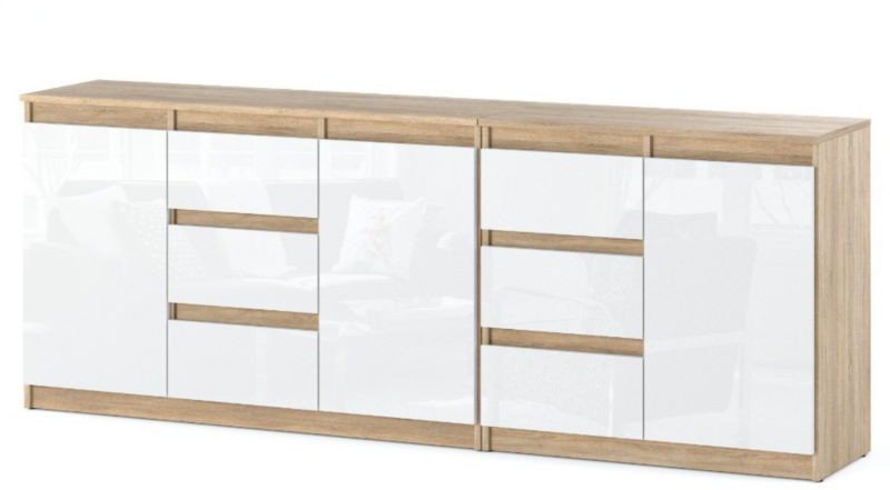 Komoda Wysoka Z 6 Szufladami 200cm Do Salonu Sypialni Sonoma Biały Połysk
