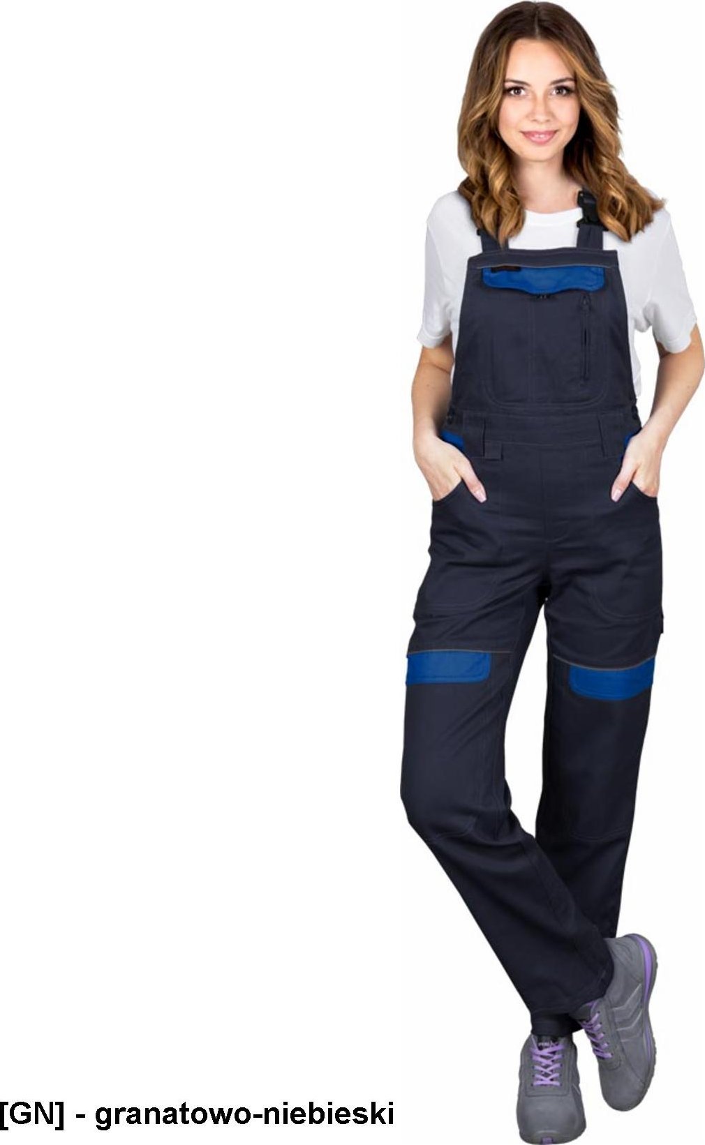 R.E.I.S. CORTON-L-B - Damskie spodnie ochronne ogrodniczki CORTON, tkane 100% bawełna 260 g/m2 6 kieszeni elementy odlaskowe - jasnoszary-wrzosowy 36