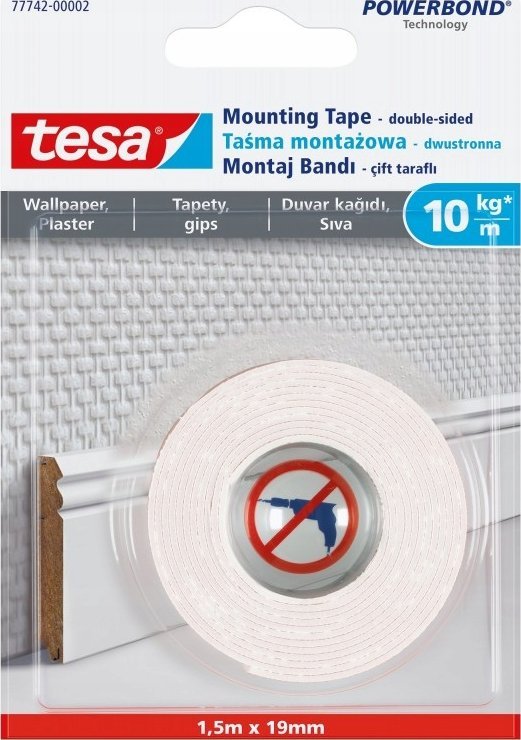 Tesa assembly line, 1,5m x 19mm, for wallpaper and plaster, up to 10kg/m, white