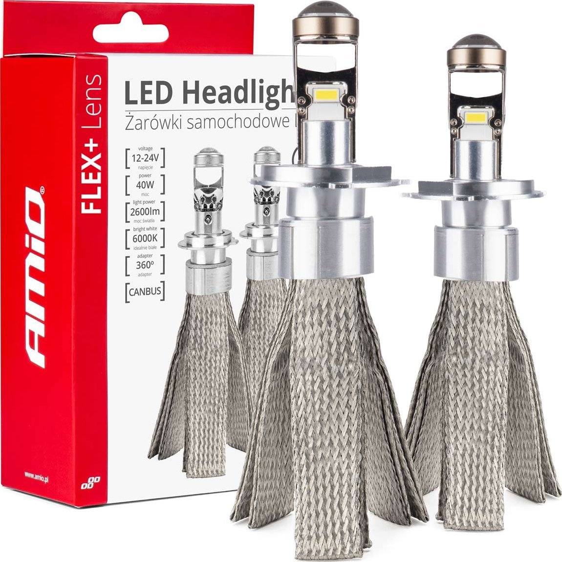 AMiO Żarówki samochodowe led seria flex+ h4 soczewka 12v 24v 6000k canbus amio-03658