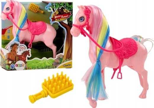 Figurka LeanToys Figurka Koń Z Kolorową Grzywą Różowe Siodło Szczotka Farma Różowy