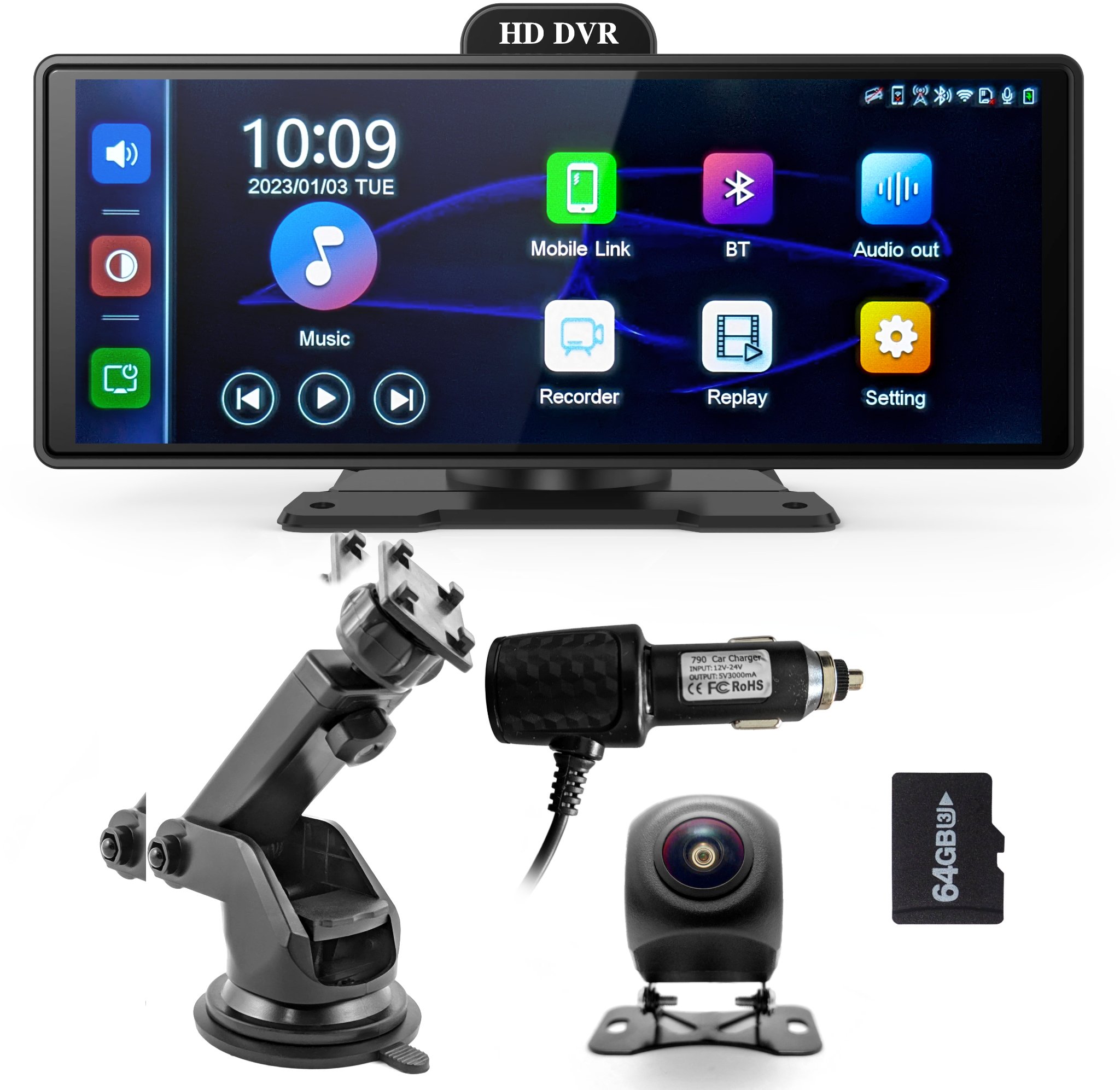 Stacja Multimedialna Rejstrator Android Apple Carplay DVR 4K 2 Kamery Wifi