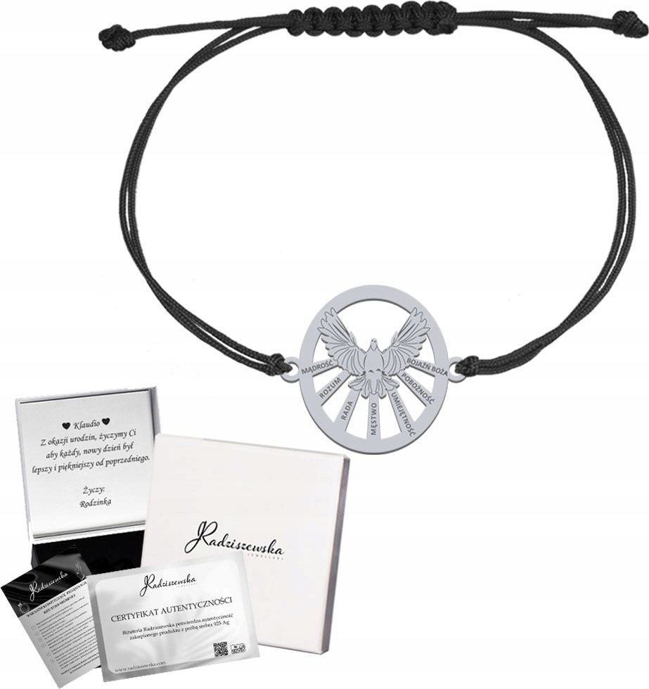 Radziszewska Jewellery Bransoletka Srebrna 7 darów Ducha Świętego Sznurek 925 Prezent Grawer