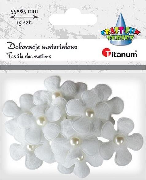 Titanum Ozdoba materiałowa kwiaty 3D z perełką białe 15szt