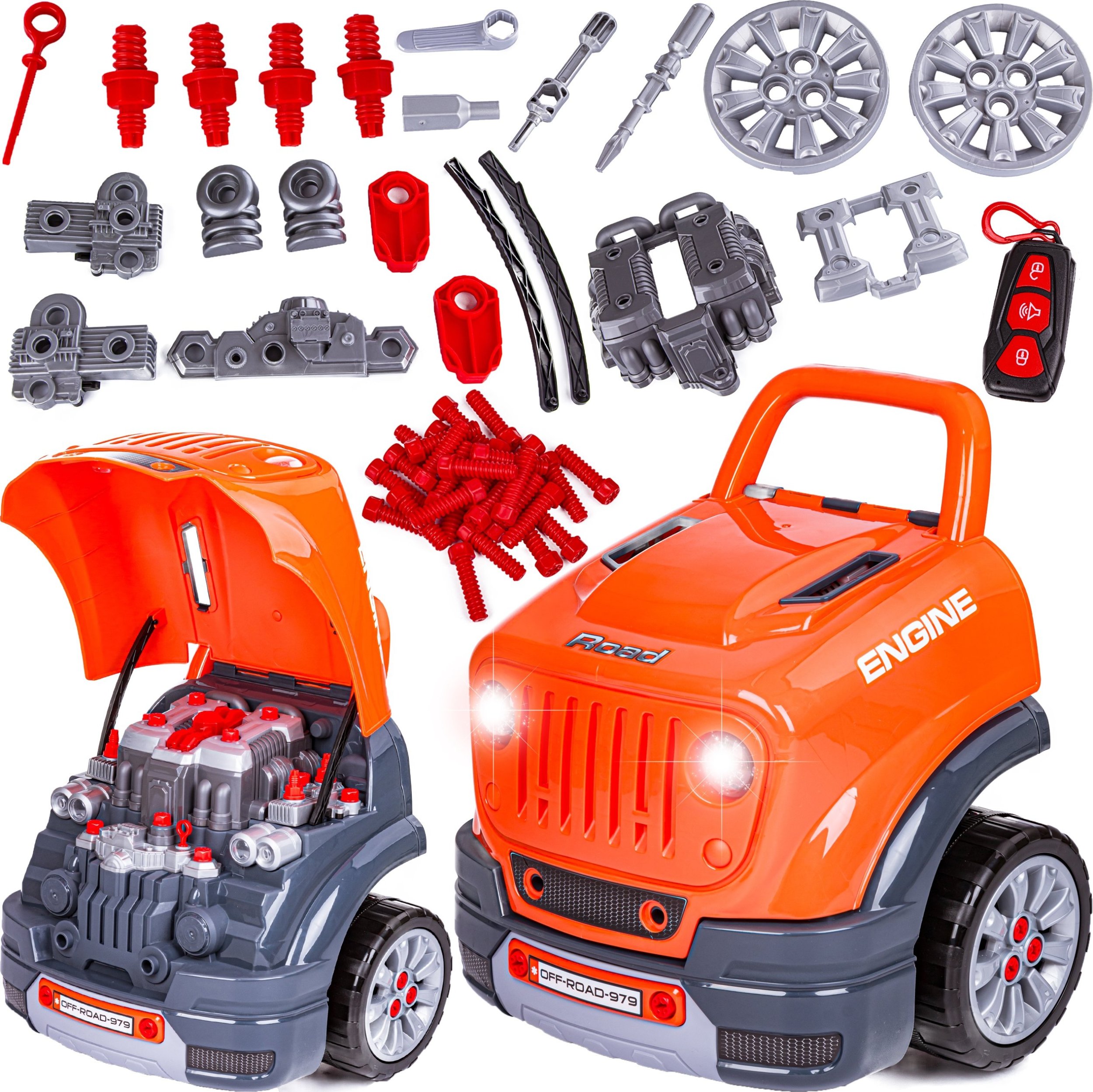 Zestaw Mechanika, Samochód Auto Silnik Do Rozkręcania, Warsztat 61 Elementów, Pomarańczowy JEEP