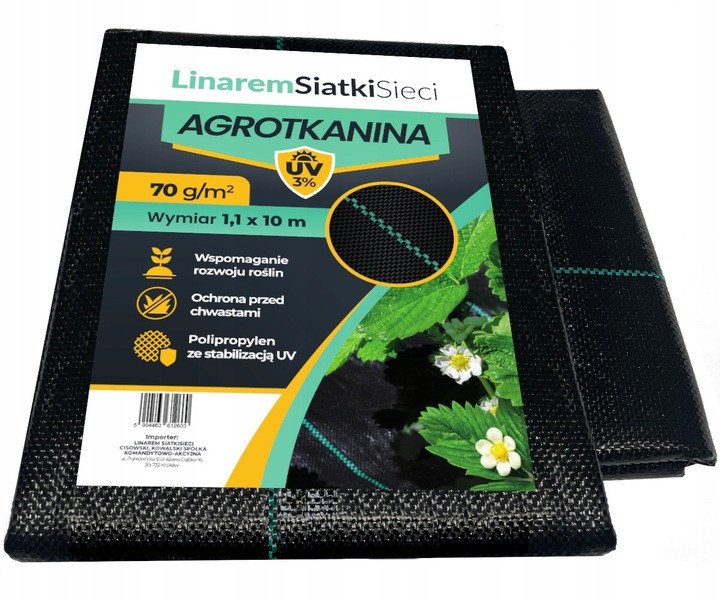 AGROTKANINA 70G 1,1x10m UV 3% AGROWŁÓKNINA CZARNA MATA + KOŁKI
