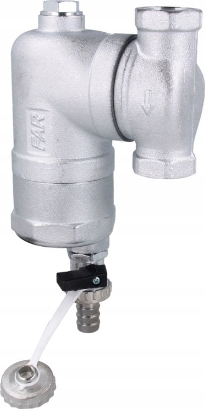 Afriso Separator zanieczyszczeń FAR 202, chromowany, z magnesem i zaworem spustowym, ruchome przyłącza Rp1'', przepłwy max 2,5 m3/hA