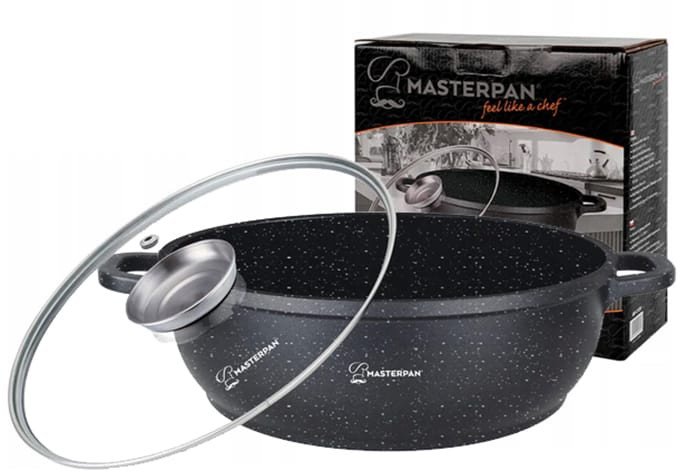 Wok Aluminiowy 28cm 3,3l z pokrywką. Powłoka Marmurowa. Masterpan