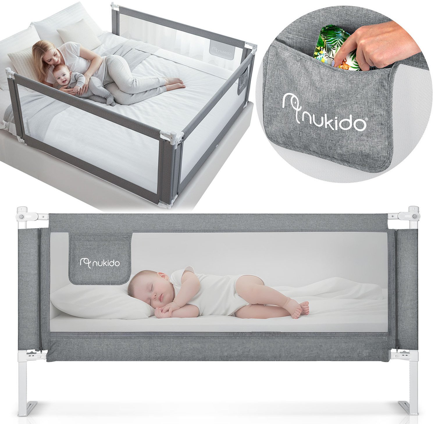 Barierka ochronna do łóżka zabezpieczająca bramka blokada 200 cm Nukido NK-227 szara