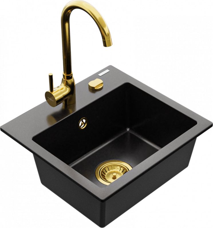 Zlewozmywak Mexen Mexen Milo zlewozmywak granitowy 1-komorowy z baterią kuchenną Telma, czarny - 6505-77-670200-50