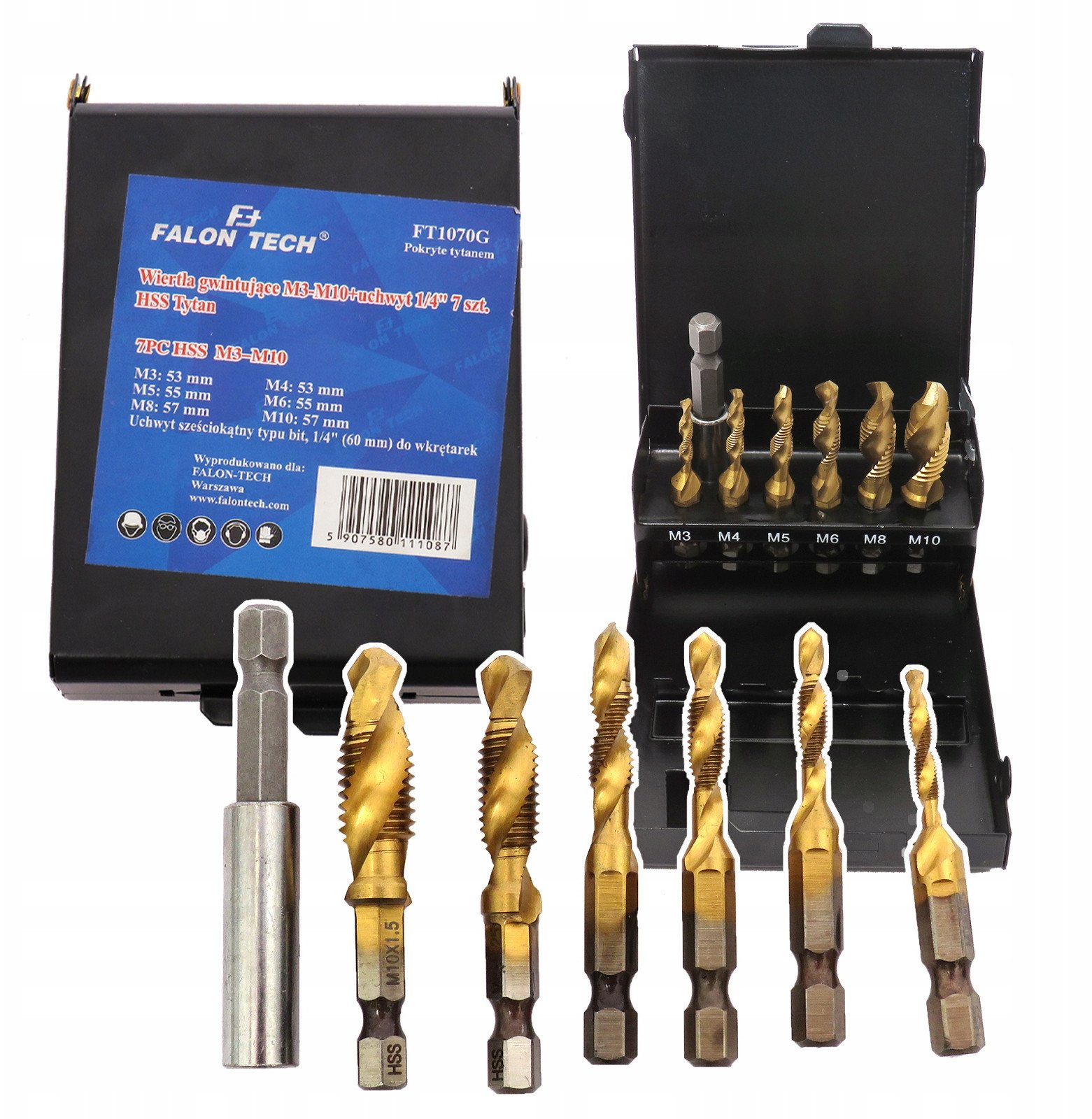 Wiertła gwintujące HSS M3-M10 z uchwytem 1/4 7 szt.