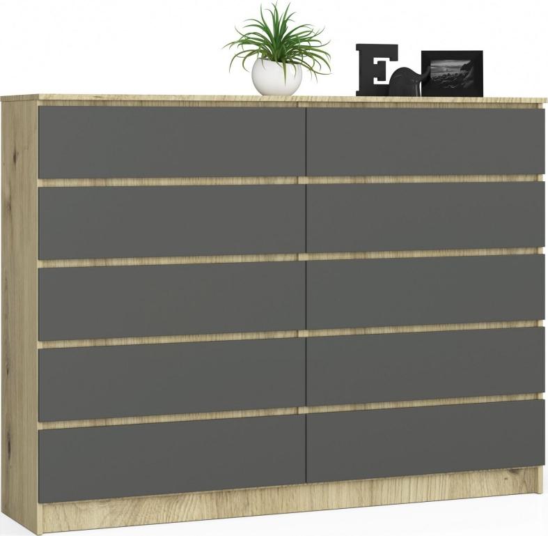 Fabryka Mebli Akord Komoda do salonu K 160 cm 10 szuflad - dąb artisan-grafit szary