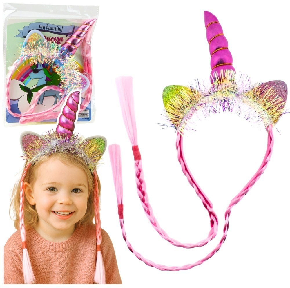 LeanToys Opaska Do Włosów Jednorożec Róg Uszy Warkocze Różowa