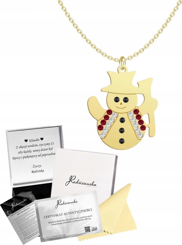 Radziszewska Jewellery Złoty Naszyjnik Świąteczny Bałwan Boże Narodzenia 925 ŻYCZENIA GRATIS