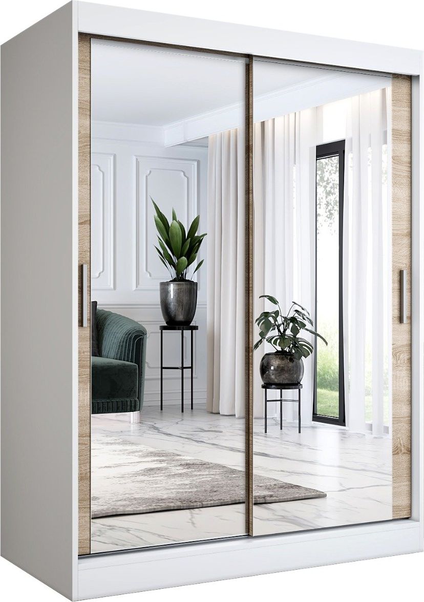 MKPOL Szafa przesuwna MODUO COMFORT 150 biała mat/dąb sonoma z dwoma lustrami