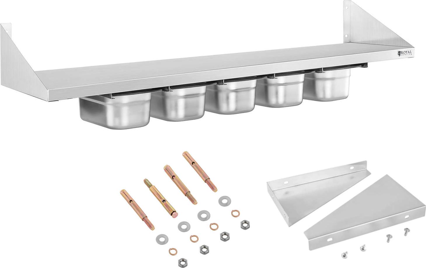 Royal Catering Półka ścienna wisząca na konsolach nierdzewna z pojemnikami GN1/4 Półka ścienna wisząca na konsolach nierdzewna z pojemnikami GN1/4