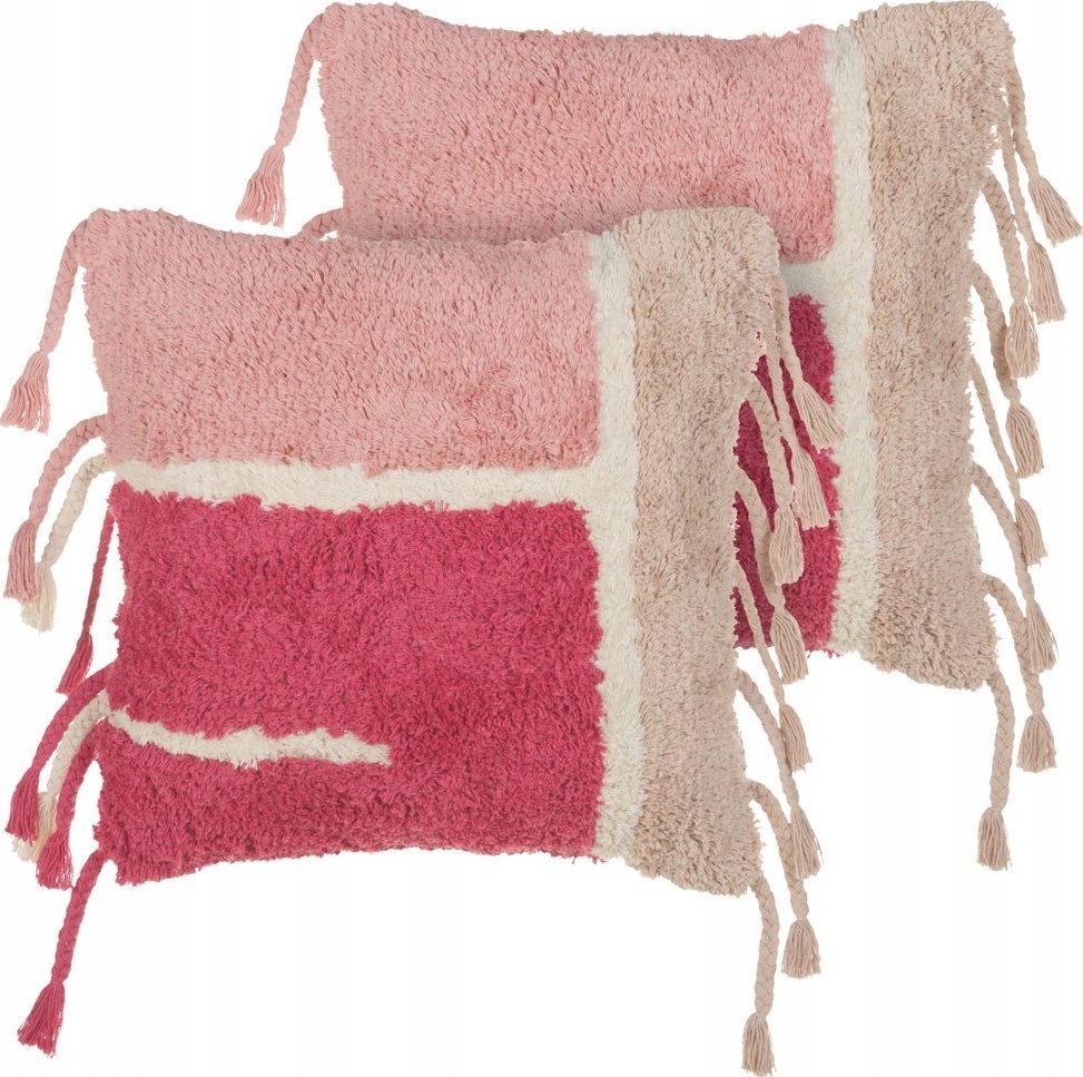 Beliani 2 bawełniane poduszki dekoracyjne tuftowane z frędzlami 45 x 45 cm różowe BISTORTA