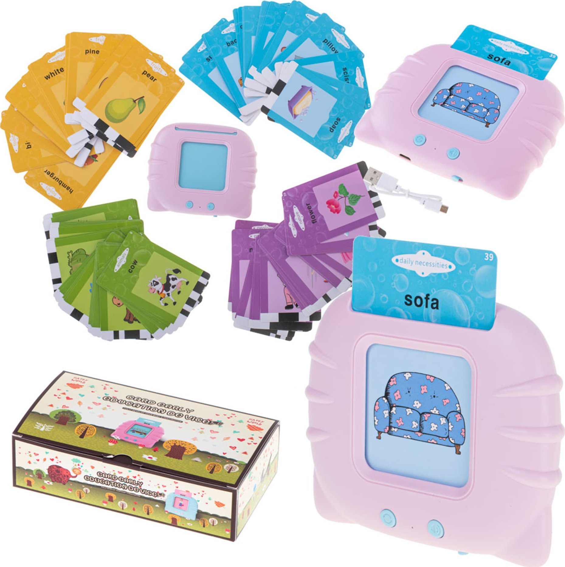 KIK Zabawka edukacyjna czytnik do fiszek kart edukacyjnych do nauki słówek z języka angielskiego 112 kart różowy