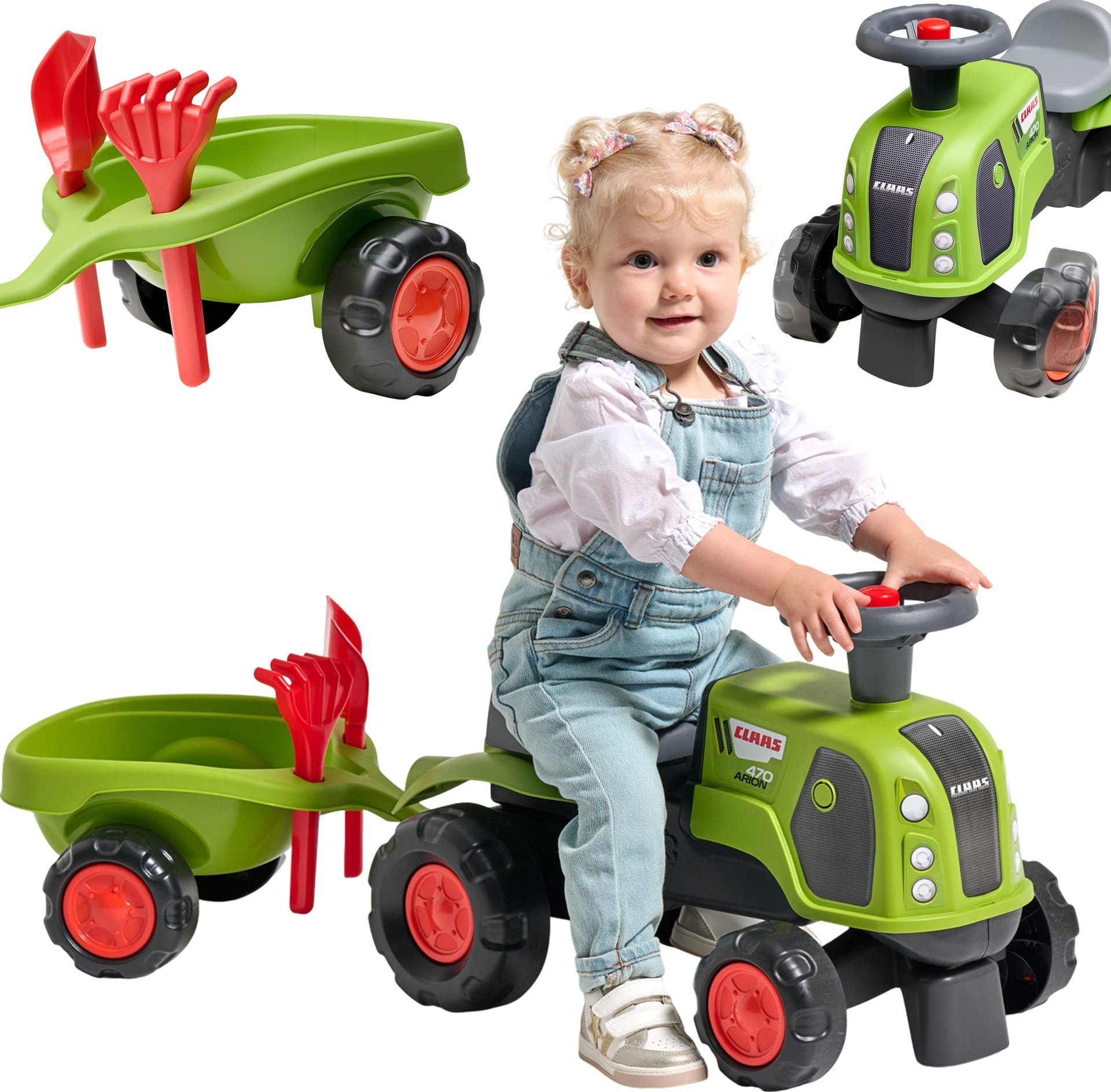 FALK Jeździk Claas 470 Arion Zielony z Przyczepką + Zestaw do piasku