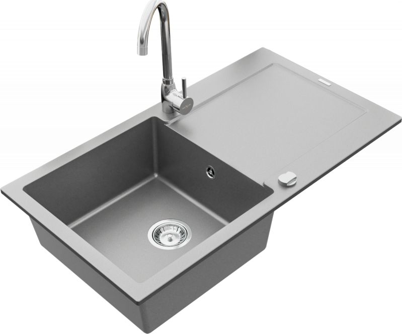 Zlewozmywak Mexen Leo granitowy 1-komorowy z ociekaczem i baterią kuchenną Telma, szary - 6501-71-670200-00
