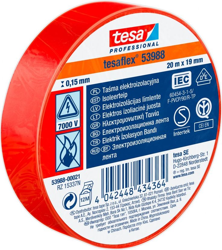 Tesa TAŚMA ELEKTROIZOL.5000V PCW 20M:19MM CZERWONA (H5394888) H5398821 TESA