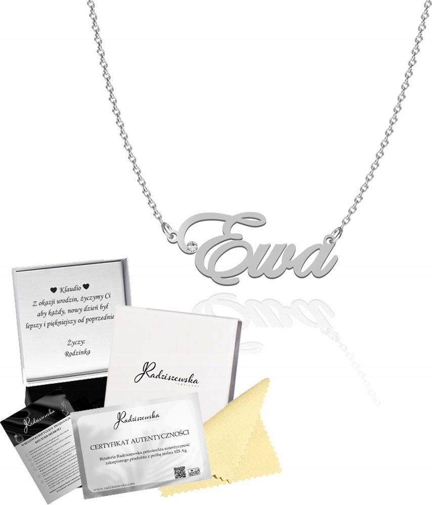 Radziszewska Jewellery Naszyjnik Srebrny z Imieniem EWA Łańcuszek 925 Prezent DEDYKACJA GRATIS